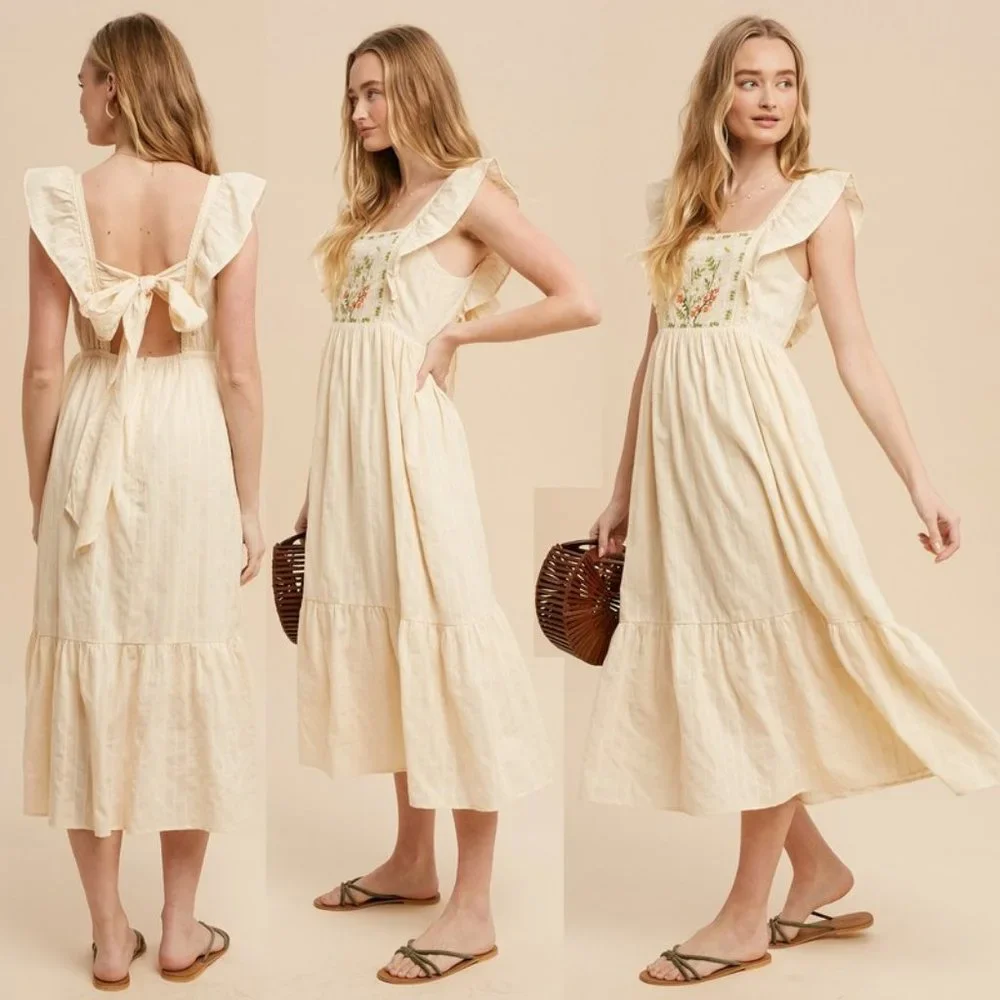 NEW Cream Apron Ruffle Square Neck Floral Embroidered Tie Back Cotton Midi Dress - Picture 4 of 12